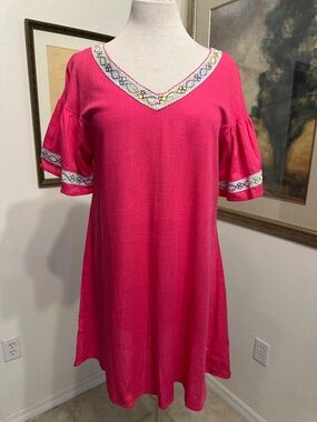 Umgee Bright Pink Embroidered V-Neck Embroidered Linen Dress Size Medium
